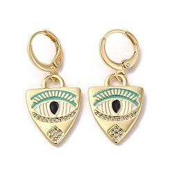 Horse Eye Real 18K Gold Plated Brass Dangle Leverback Earrings, with Enamel and Cubic Zirconia, Medium Turquoise, 33x15mm(EJEW-Q797-24G-02)