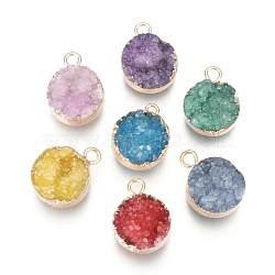 Natural Druzy Agate Pendants, with Real 18K Gold Plated Brass Finding, Long-Lasting Plated, Flat Round, Dyed, Mixed Color, 18~20x14x5~10mm, Hole: 2~3mm(G-L566-A)