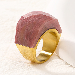 Fashionable 304 Stainless Steel & Natural Rhodonite Finger Rings, Real 18K Gold Plated, US Size 7(17.3mm)(FS-WG90577-25)