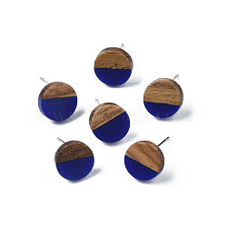 Opaque Resin & Walnut Wood Stud Earrings, with 316 Stainless Steel Pins, Flat Round, Dark Blue, 10mm, Pin: 0.7mm(EJEW-N017-008-B06)