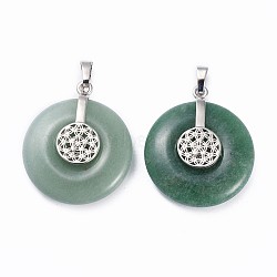 Natural Green Aventurine Pendants, with Platinum Tone Brass Findings, Donut/Pi Disc with Flower, 35.5x30x8.5~9.5mm, Hole: 4.5x6.5mm(G-F640-C07)