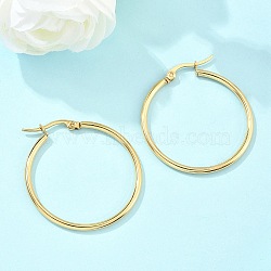 Ion Plating(IP) 304 Stainless Steel Hoop Earrings, Hand Polished Hypoallergenic Earrings, Ring Shape, Real 18K Gold Plated, 34~35x2mm, 12 Gauge, Pin: 1x0.7mm(EJEW-N0016-11G-E)