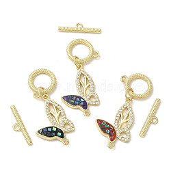 Brass Micro Pave Clear Cubic Zirconia Toggle Clasps, with Enamel & Shell, Long-Lasting Plated, Lead Free & Cadmium Free, Real 18K Gold Plated, Butterfly, Mixed Color, 39.5mm(KK-K385-005G)