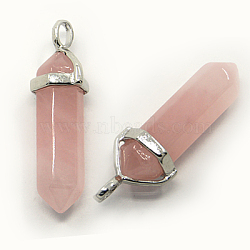 Natural Rose Quartz Double Terminated Pointed Pendants, with Random Alloy Pendant Hexagon Bead Cap Bails, Bullet, Platinum, 36~45x12mm, Hole: 3x5mm, Gemstone: 10mm in diameter(G-D415-12)