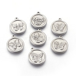 Non-Tarnish 304 Stainless Steel Pendants, Flat Round with Butterfly, Stainless Steel Color, 15x2.5mm, Hole: 1~1.2mm(STAS-E444-21)