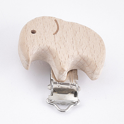 Beech Wood Baby Pacifier Holder Clips, with Iron Clips, Elephant, Platinum, BurlyWood, 49x41x19mm, Hole: 3.5x6mm(X-WOOD-T015-23)