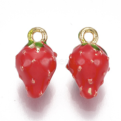 Brass Charms, with Enamel, Strawberry, Red, Nickel Free, Real 18K Gold Plated, 11.5x7x7mm, Hole: 1.4mm(KK-S350-170G)