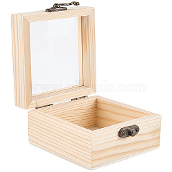 Wooden Storage Boxes, with Clear Glass Flip Cover & Iron Clasp, Square, PapayaWhip, 8.5x8.5x5cm(WOCR-CL0001-02A)