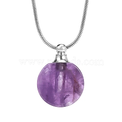 Natural Amethyst Flat Round Perfume Bottle Pendant Necklaces, Aromatherapy Essential Oil Bottle Necklaces, Stainless Steel Round Snake Chain Necklaces, Stainless Steel Color, 17.72 inch(45cm)(PW-WGD45C6-07)