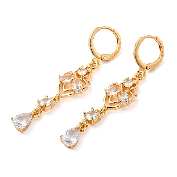 Rack Plating Golden Brass Dangle Leverback Earrings, with Cubic Zirconia, Flower, Clear, 50x10mm