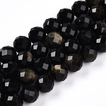 Natural Golden Sheen Obsidian Beads Strands, Round with Faceted, 9~10mm, Hole: 0.9mm, about 19~20pcs/strand, 7.40~7.80''(18.8~19.8cm)