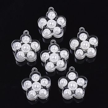 Transparent Acrylic Pendants, with ABS Plastic Imitation Pearl, Flower, White, 32x28.5x11mm, Hole: 2mm