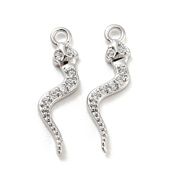 Brass Micro Pave Cubic Zirconia Pendants, Snake, Real Platinum Plated, 18x5x2mm, Hole: 1.4mm