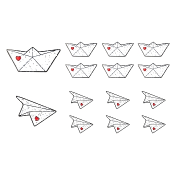 4Pcs 2 Style Origami Plane & Ship with Heart Enamel Pin, Zinc Alloy Enamel Brooch for Backpack Clothing, Electrophoresis Black Color, White, 11.5~12x22.5~24.5mm, Pin: 1mm, 2pcs/style