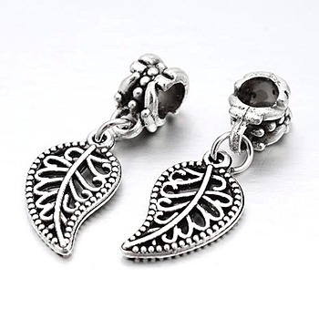 Leaf Large Hole Alloy European Dangle Charms, Antique Silver, 30mm, Hole: 5mm
