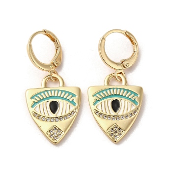 Horse Eye Real 18K Gold Plated Brass Dangle Leverback Earrings, with Enamel and Cubic Zirconia, Medium Turquoise, 33x15mm