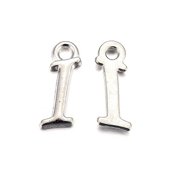 Platinum Plated Alloy Letter Pendants, Rack Plating, Cadmium Free & Lead Free, Letter.I, 13x4x2mm, Hole: 1.5mm
