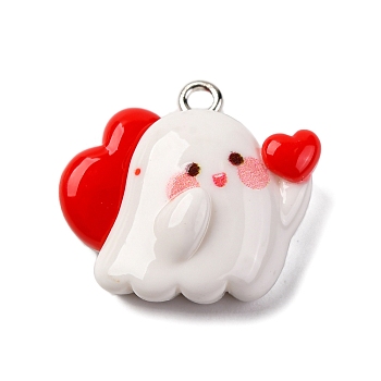 Halloween Theme Opaque Resin Pendants,  with Platinum Plated Iron Loops, Ghost, Red, 22.5x21.5x9mm, Hole: 2mm