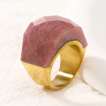 Fashionable 304 Stainless Steel & Natural Rhodonite Finger Rings, Real 18K Gold Plated, US Size 7(17.3mm)