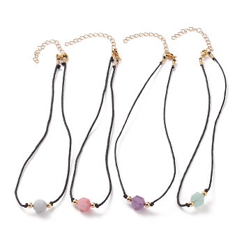 Faceted Natural Gemstone Pendant Necklaces, with Waxed Cotton Cords, Brass Round Beads and 304 Stainless Steel Lobster Claw Clasps, 15-1/8 inch(38.5cm)