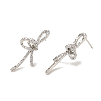 Brass Stud Earrings, Cubic Zirconia Cadmium Free & Lead Free, Bowknot, Platinum, 32x14.5mm