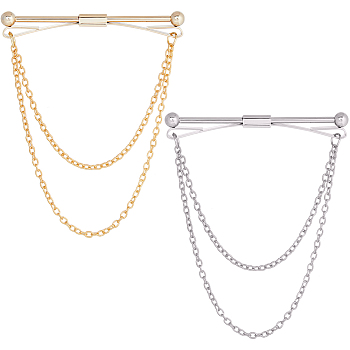 2Pcs 2 Colors Brass Hanging Chains Collar Pins Tie Clips, Cardigan Clips for Men Women, Platinum & Golden, 70x59.5mm, 1Pc/color