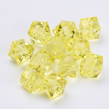 Transparent Acrylic Beads, Faceted, Cube, Yellow, 10x10x8mm, Hole: 1.5mm