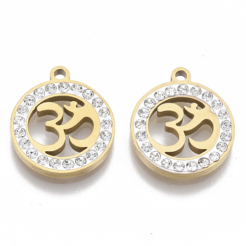 201 Stainless Steel Pendants, with Polymer Clay Crystal Rhinestone, Flat Round with Aum/Om Symbol, Golden, 17x15x2mm, Hole: 1.6mm