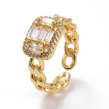 Brass Micro Pave Cubic Zirconia Rings, Real 18K Gold Plated, Lead Free & Cadmium Free, Rectangle, Clear, Inner Diameter: 16mm