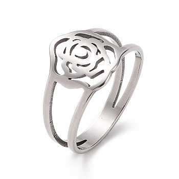201 Stainless Steel Rose Finger Ring, Hollow Wide Ring for Valentine's Day, Stainless Steel Color, US Size 6 1/2(16.9mm)
