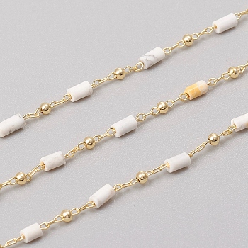 3.28 Feet Handmade Natural Howlite Beaded Chains, Real 18K Gold Plated Plated Brass Chains, Soldered, Long-Lasting Plated, 4~5x2~2.5mm, Beads: 2mm, Link: 2x1x0.2mm and 2x1.5x0.2mm