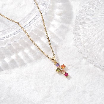 Brass Pave Colorful Cubic Zirconia Cross Pendant 304 Stainless Steel Cable Chain Necklaces for Women, Golden, 15.75 inch(40cm)