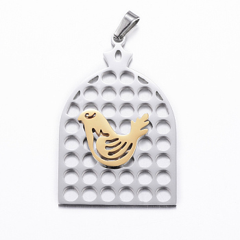304 Stainless Steel Pendants, Bird and Birdcage, Golden & Stainless Steel Color, 40x25x2mm, Hole: 6x3mm
