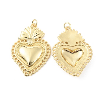 Rack Plating Brass Pendants, Cadmium Free & Lead Free, Long-Lasting Plated, with Jump Ring, Sacred Heart Charm, Real 18K Gold Plated, 37x25.5x4mm, Hole: 3.2mm