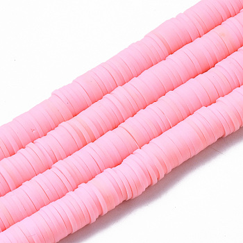 Handmade Polymer Clay Beads Strands, for DIY Jewelry Crafts Supplies, Heishi Beads, Disc/Flat Round, Hot Pink, 8x0.5~1mm, Hole: 2mm, about 350~387pcs/strand, 15.75 inch~16.14 inch(40~41cm)