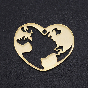 201 Stainless Steel Pendants, Laser Cut Pendants, Heart with Map, Golden, 16x20x1mm, Hole: 1.4mm
