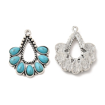 Retro Alloy Pendants, with Synthetic Turquoise, Teardrop Charms, Antique Silver, 35x29x4mm, Hole: 2mm