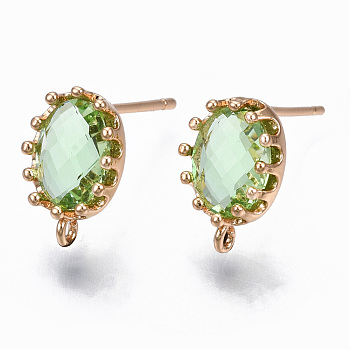 Brass Stud Earring Findings, with Glass and Loop, Long-Lasting Plated, Oval, Light Gold, Light Green, 11.5x7.5mm, Hole: 1mm, Pin: 0.7mm