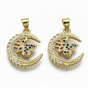 Brass Micro Pave Colorful Cubic Zirconia Pendants, Cadmium Free & Nickel Free & Lead Free, Moon with Butterfly, Real 16K Gold Plated, 20x16x3mm, Hole: 3x5mm