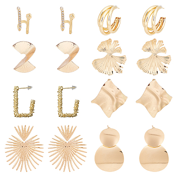 8 Pairs 8 Style Gingko Leaf & Fan & Spiral & Trapezoid Alloy Dangle Stud Earrings for Women, Golden, 23.5~70mm, Pin: 0.7~1mm, 1 Pair/style