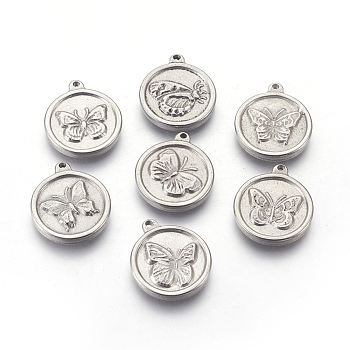 Non-Tarnish 304 Stainless Steel Pendants, Flat Round with Butterfly, Stainless Steel Color, 15x2.5mm, Hole: 1~1.2mm