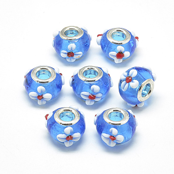 Handmade Lampwork European Beads, Bumpy Lampwork, with Platinum Brass Double Cores, Large Hole Beads, Rondelle with Flower, Dodger Blue, 16x14x10.5mm, Hole: 5mm