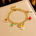 Christmas Theme 304 Stainless Steel Charm Bracelets for Women, Christmas Hat & Christmas Socking & Elk, with Plastic & Resin & Enamel, Golden, 6-5/8 inch(16.8cm)(BJEW-Z142-04G)