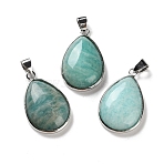 Natural Amazonite Pendants, Rack Plating Brass Teardrop Charms, Platinum, Long-Lasting Plated, Lead Free & Cadmium Free, 30x19.5x6~7mm, Hole: 4x5mm(G-B123-05P-04)