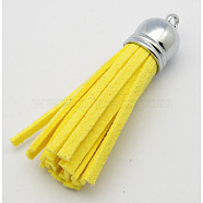 Suede Tassels, with Brass Findings, Nice for DIY Earring or Cell Phone Straps Making, Platinum, Yellow, 55~65x12mm, Hole: 1.5mm(X-FIND-H004-2)