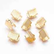 304 Stainless Steel Ribbon Crimp Ends, Rectangle, Golden, 9x10.5mm, Hole: 1.5x3mm(X-STAS-P220-02G)