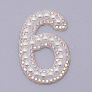 Imitation Pearls Patches, Iron/Sew on Appliques, with Glitter Rhinestone, Costume Accessories, for Clothes, Bag Pants, Number, Num.6, 44.5x29.5x4.5mm(DIY-WH0190-89H)