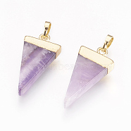 Natural Amethyst Pendants, with Brass Findings, Triangle, Golden, 27~29x12~13x4~5mm, Hole: 4x6mm(G-E493-O04-G)
