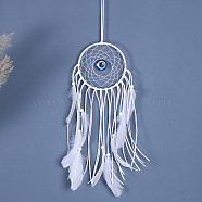 Cotton and linen Woven Net/Web with Feather Wall Hanging Decoration, Glass Evil Eye and Wooden Bead Pendant Decorations, White, 400x130mm(EVIL-PW0002-11A)