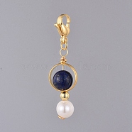 Natural Lapis Lazuli Pendants, with Natural Pearl, Golden Plated Brass Bead Frames and 304 Stainless Steel Lobster Claw Clasps, 41mm(HJEW-JM00381-07)